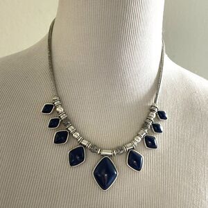 Signed Lucky Brand Navy Cabochon Silver Tone Bib Choker Statement Necklace